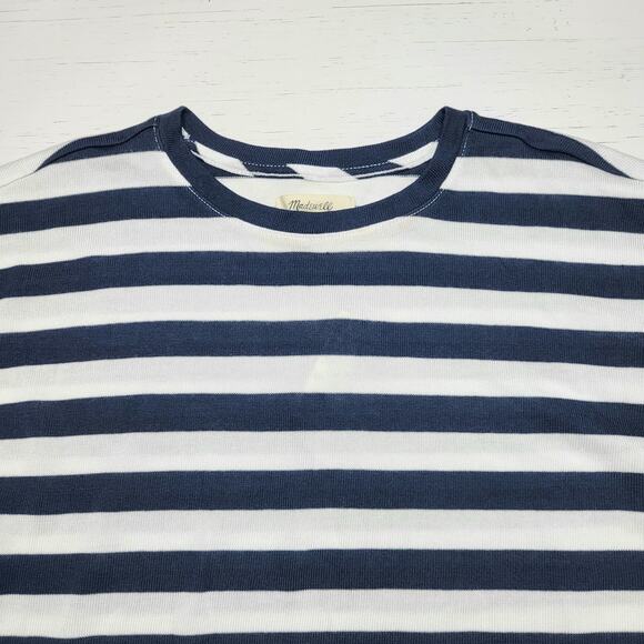 Madewell Drop Shoulder Pullover Crop Tee Navy Blue White Stripe Crew Neck Small - Picture 5 of 8